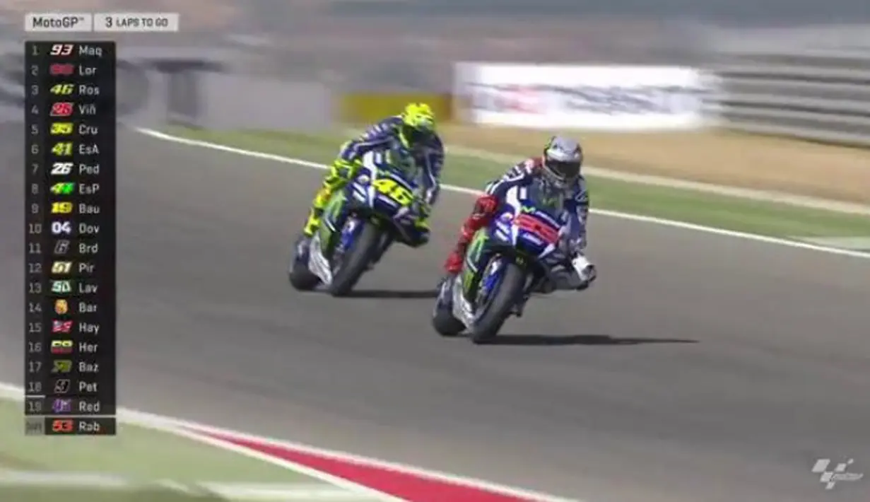 Dua pebalap Movistar Yamaha bersaing ketat merebut podium. Jorge Lorenzo berhasil mengungguli Valentino Rossi dengan finis kedua MotoGP Aragon di Sirkuit Aragon, Spanyol, Minggu (25/9/2016). (Bola.com/Twitter/MotoGP)