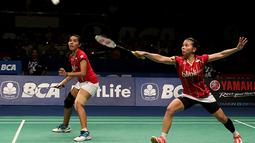 Greysia Polii/Nitya Krishinda ganda puteri Indonesia melaju ke final dengan mengalahkan  Yu Yang/Zhong Qianxin di semifinal BCA Indonesia Open Premier Super Series 2015 di Istora Senayan Jakarta. (Peksi Cahyo/Bola.com)
