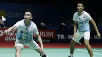 Pasangan ganda putra Indonesia, Fajar Alfian/ Muhammad Rian Ardianto pada Indonesia Open 2019 di Istora Senayan, Jakarta, Rabu (17/7/2019). (Bola.com/Peksi Cahyo)