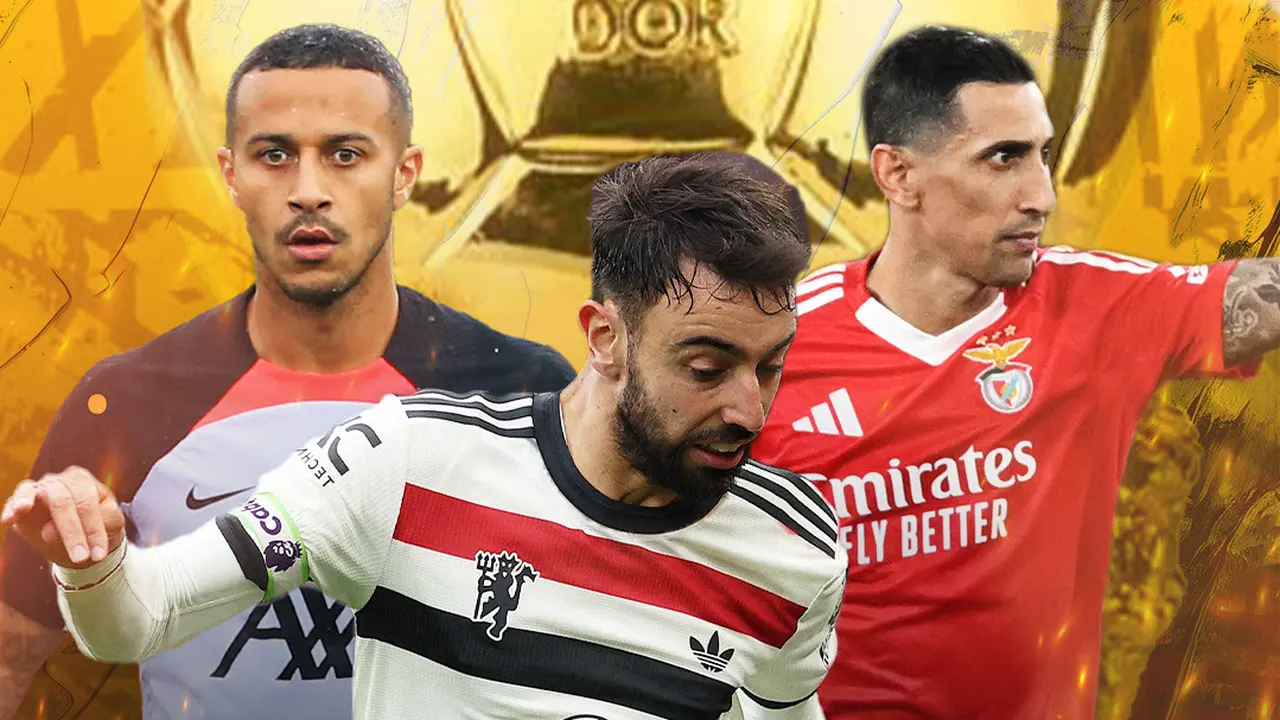 Ilustrasi - Bruno Fernandes, Thiago Alcantara, Angel Di Maria background trofi ballon d'or