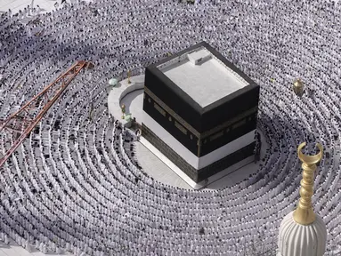 Jemaah berdoa di sekitar Ka'bah saat ibadah haji tahunan di Mekkah, Arab Saudi, Minggu (25/6/2023). Jemaah berkumpul di Kota Suci Mekkah untuk haji terbesar sejak pandemi virus corona COVID-19 yang sangat membatasi akses ke salah satu dari lima rukun Islam tersebut. (AP Photo/Amr Nabil)