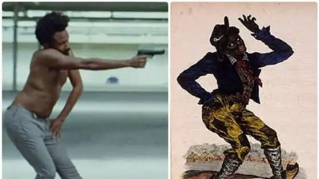 Childish Gambino dalam video klip This is America dan ilustrasi Jim Crow. (Donald Glover/Youtube and Firth & Hall, No.1 Franklin Sq via Koreaboo)