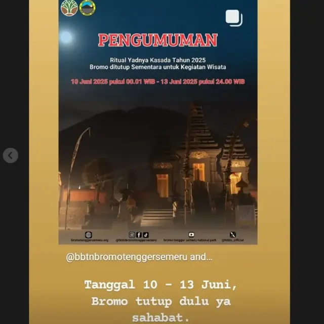 Ada Perayaan Yadnya Kasada, Kawasan Wisata Bromo Tengger Semeru Tutup 4 Hari