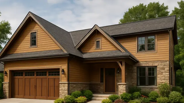 Desain Rumah L-Shape dengan Garasi dan Taman Depan