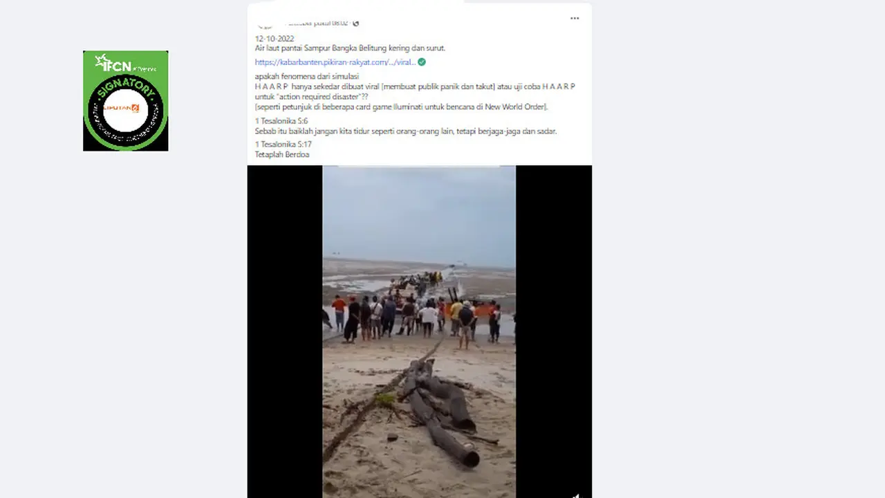 Tangkapan layar klaim fenomena air laut di Pantai Bangka surut simulasi HAARP untuk membuat bencana