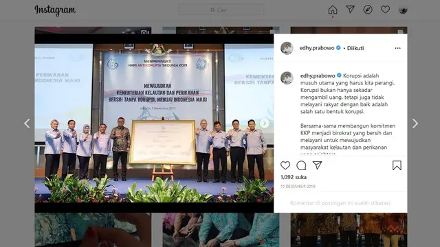 Unggahan Instagram Menteri KKP Edhy Prabowo pada 10 Desember 2019 yang berisi soal memerangi korupsi. (Akun instagram @edhy.prabowo)