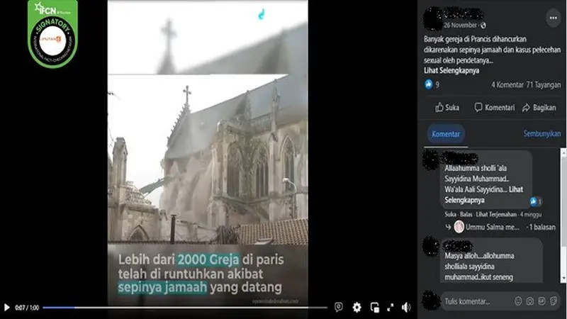Gambar Tangkapan Layar Video yang Diklaim Gereja di Prancis Dihancurkan karena Sepi Jemaat (sumber: Facebook).