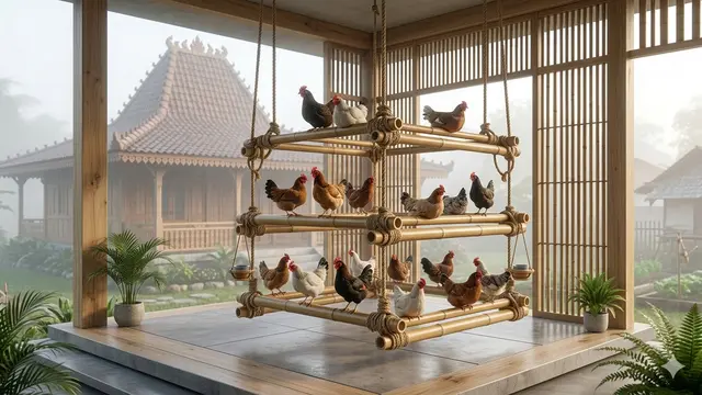 Model Kandang Ayam Bambu Modern Sirkulasi Udara Maksimal. AI