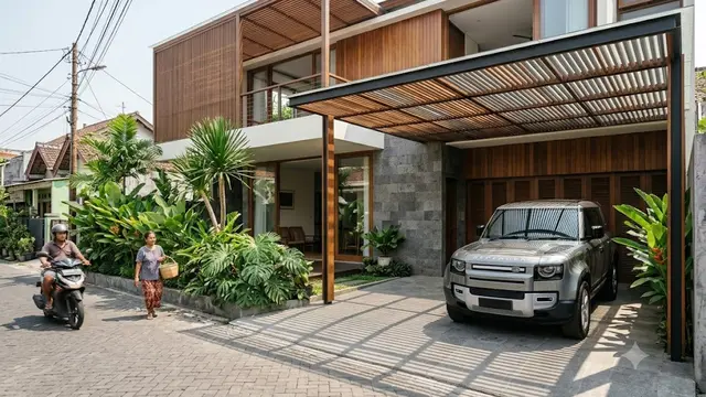 Carport dengan Bilah Kayu atau Aluminium