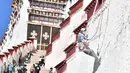 Para pekerja mengecat tembok Istana Potala dalam rangka renovasi tahunan kompleks arsitektur kuno tersebut di Lhasa, ibu kota Daerah Otonom Tibet, China barat daya, pada 28 Oktober 2020. (Xinhua/Jigme Dorji)