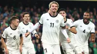 Selebrasi Nick Woltemade&nbsp;dalam laga Irlandia Utara vs Jerman di Kualifikasi Piala Dunia 2026, Selasa (14/10/2025). (AP Photo/Peter Morrison)