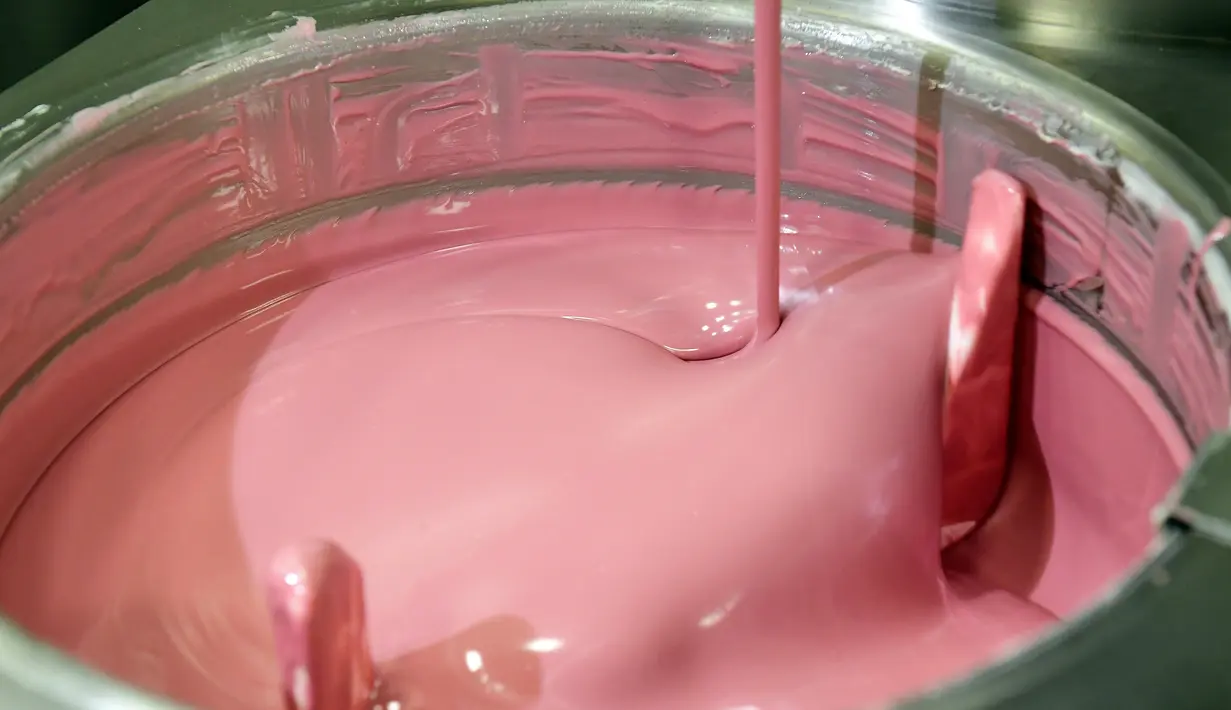 Cokelat berwana pink tanpa pewarna buatan bernama cokelat Ruby ketika diperkenalkan ke publik di pabrik Barry Callebaut, Belgia, Senin (18/9). Cokelat ini menggunakan biji cocoa ruby berasal dari Pantai Gading, Ekuador dan Brasil. (EMMANUEL DUNAND/AFP)
