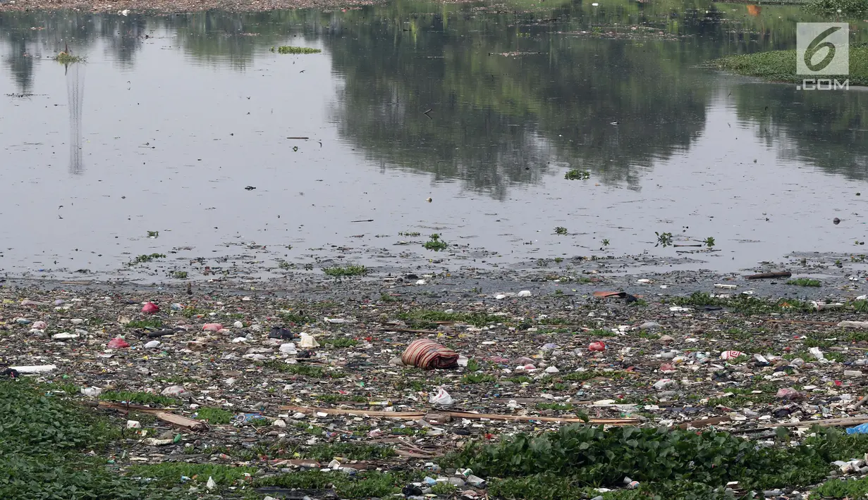 Tumpukan sampah dan tanaman eceng gondok menutupi permukaan air Situ Pengarengan, Kota Depok, Jawa Barat, Kamis (18/4). Kondisi ini sangat memprihatinkan. (Liputan6.com/Helmi Fithriansyah)