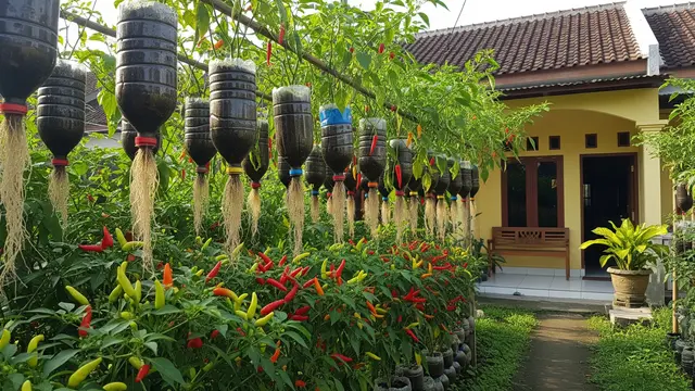 Kebun Cabai dari Botol Plastik yang Rapi dan Estetik Model Penanaman Botol Plastik Terbalik