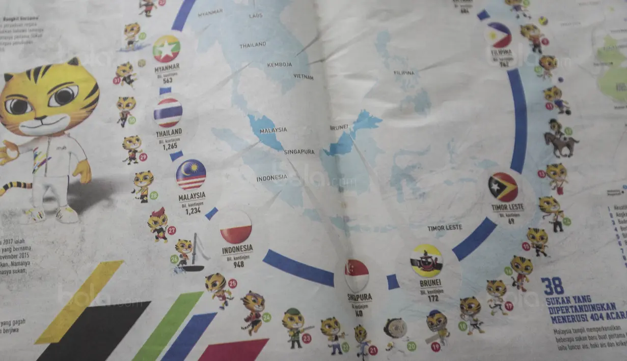 Koran di Malaysia memasang bendera Indonesia terbalik di Kuala Lumpur, Minggu (20/8/2017). Setelah pemasangan bendera Indonesia terbalik terjadi di buku Sea Games kini giliran koran Malaysia melakukan hal sama. (Bola.com/Vitalis Yogi Trisna)