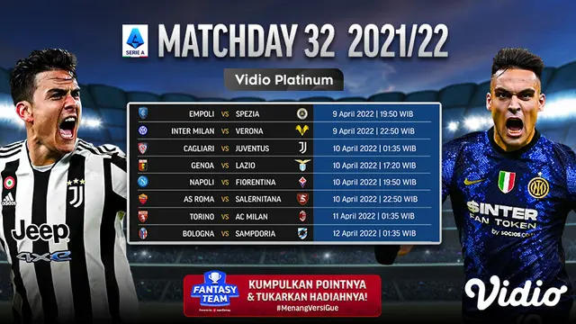 Link Live Streaming Liga Italia 2021/2022 Matchday 32 di Vidio, 9-12 April 2022