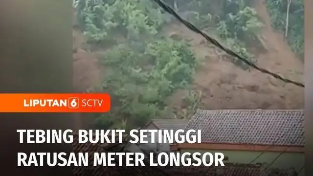 Tebing bukit setinggi ratusan meter di Meleber, Kuningan, Jawa Barat, longsor pada Jumat petang. Meskipun tidak ada korban jiwa, namun material longsor mengancam permukiman di bawahnya, serta menutup anak sungai.