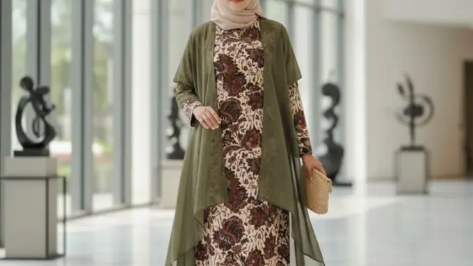 Tren Gamis Batik Hijab dengan Outer Rompi/Gemini AI
