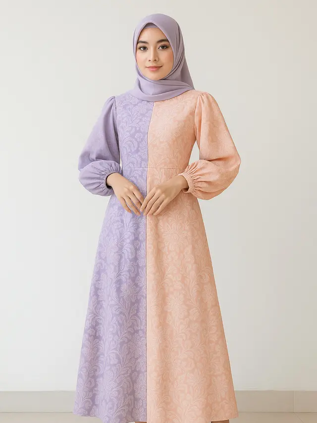 Model Dress Batik Lengan Balon Two Tone Kekinian