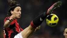 AC Milan's Swedish forward Zlatan Ibrahimovic takes a shot during the serie A football match between AC Milan and Cesena, on January 23, 2011 in San Siro stadium in Milan. AFP PHOTO / OLIVIER MORIN