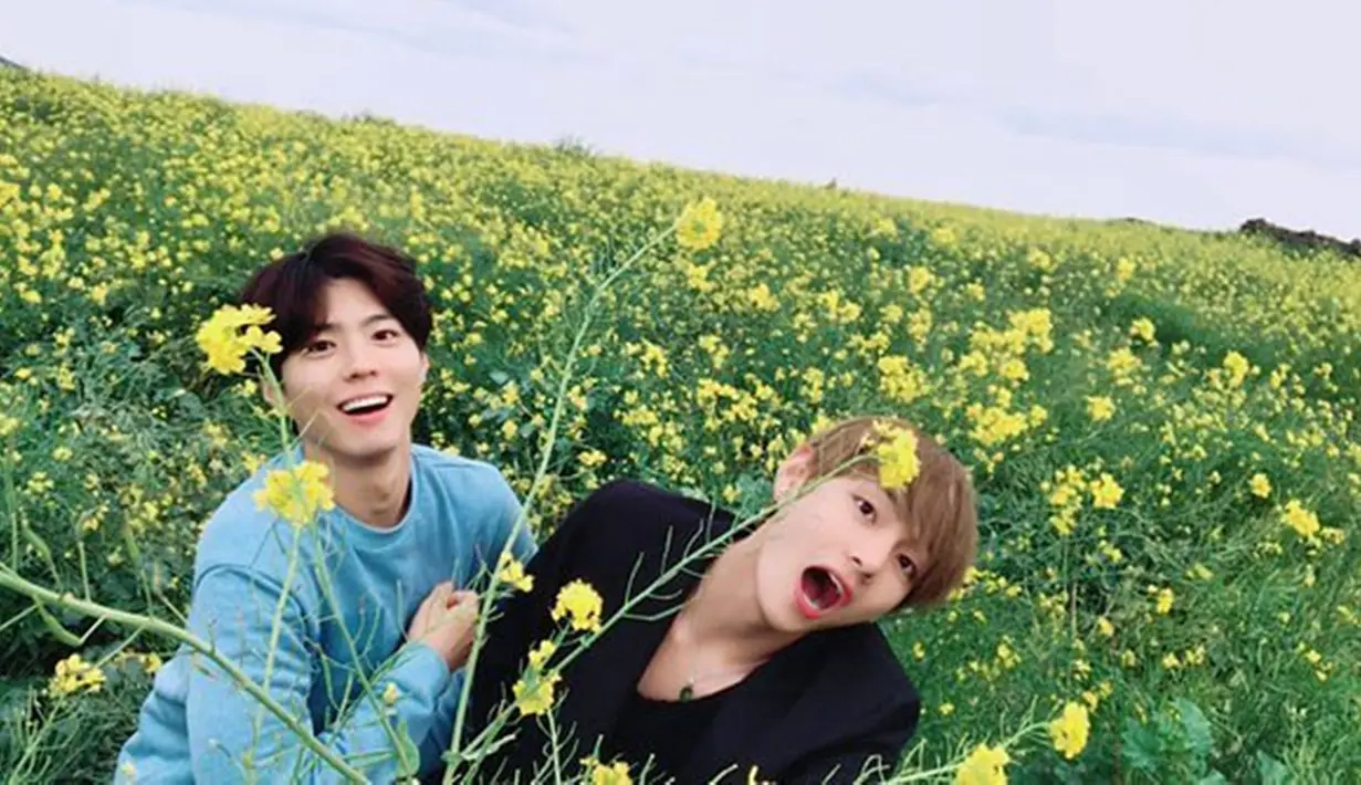 Mempunyai banyak kesamaan dalam hal hobi, V dan Park Bo Gum menjadi semakin akrab. Keduanya bahkan kerap main bareng ke taman bunga yang cantik. Ketampanan mereka juga tak kalah dengan keindahan bunganya. (Liputan6.com/IG/@parkb0gum)
