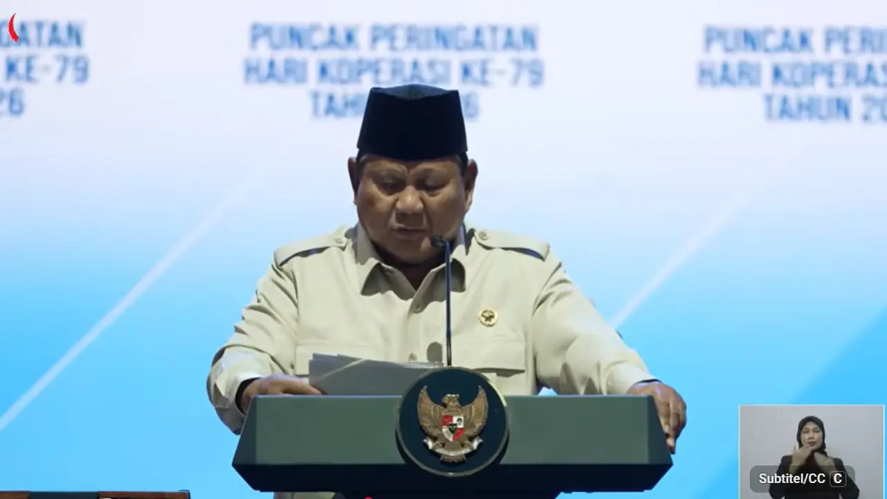 Presiden Prabowo Subianto menghadiri Puncak Peringatan Hari Koperasi ke-79 Tahun 2026 di Jakarta, Minggu (12/7/2026). (Dok. Tangkapan Layar YouTube Sekretariat Presiden)