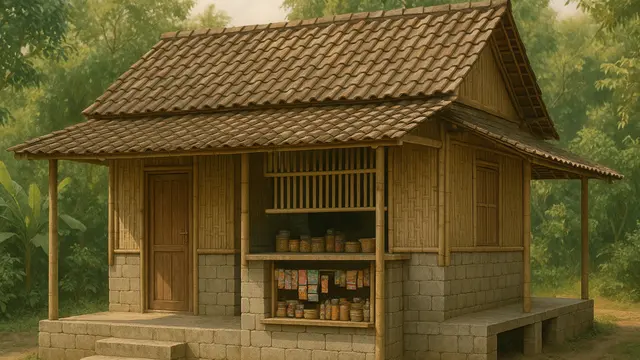 Model Rumah Sederhana dari Bambu dan Batako dengan Warung di Teras