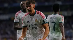 Carlos Espi merayakan golnya pada laga Real Madrid lawan Espanyol pada pekan ke-2 La Liga 2026/2027 di RCDE Stadium - AP Photo/Joan Monfort