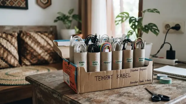 Kerajinan barang bekas jadi wadah serbaguna model bekas gulungan tisu jadi tempat kabel