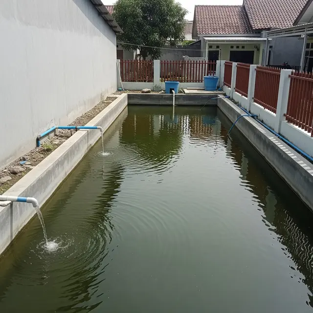 Desain Kolam Ikan Air Tawar yang Mudah Dikuras dan Praktis untuk Rumah Subsidi Model Minimalis dekat Pagar