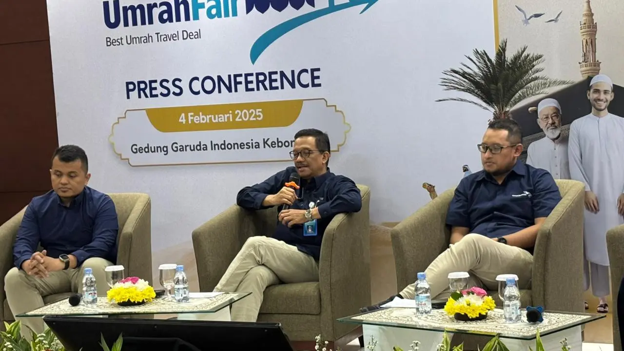 Konferensi pers Garuda Indonesia Umrah Fair, di Gedung Garuda Indonesia, Jakarta Pusat, Selasa (4/2/2025).  (Foto: Liputan6.com/Tira Santia)