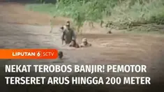 Nekat terobos banjir bandang, wanita pengendara motor di Kabupaten Tuban, Jawa Timur, terseret arus sejauh 200 meter. Evakuasi korban dan sepeda motornya berlangsung dramatis.