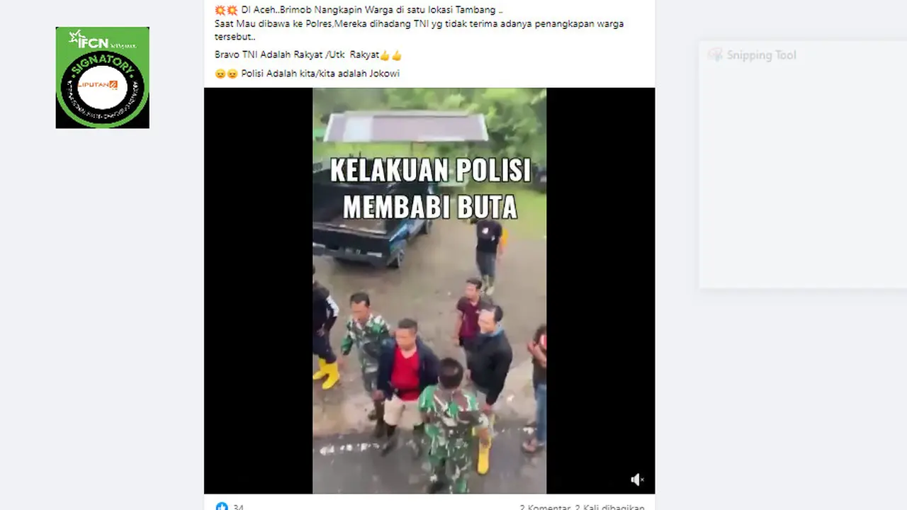 Tangkapan layar klaim TNI hadang Brimob yang ingin menangkap warga di lokasi tambang Aceh