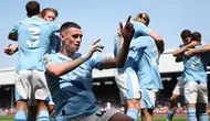 Selebrasi pemain Manchester City, Phil Foden usai mencetak gol ke gawang Fulham dalam laga lanjutan Premier League 2023/2024, Sabtu (11/5/2024) malam WIB.