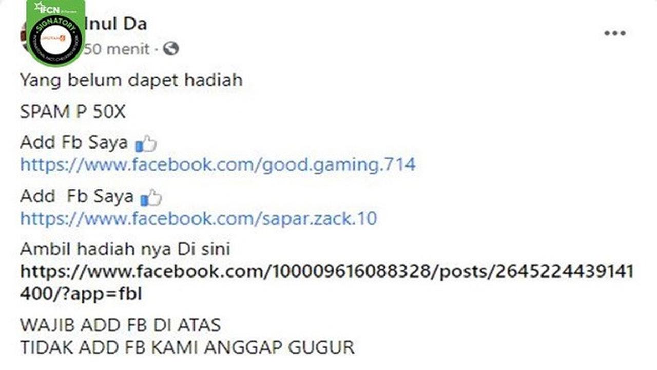 Gambar Tangkapan Layar Kabar Hoaks tentang Inul Bagi-bagi Hadiah di Facebook