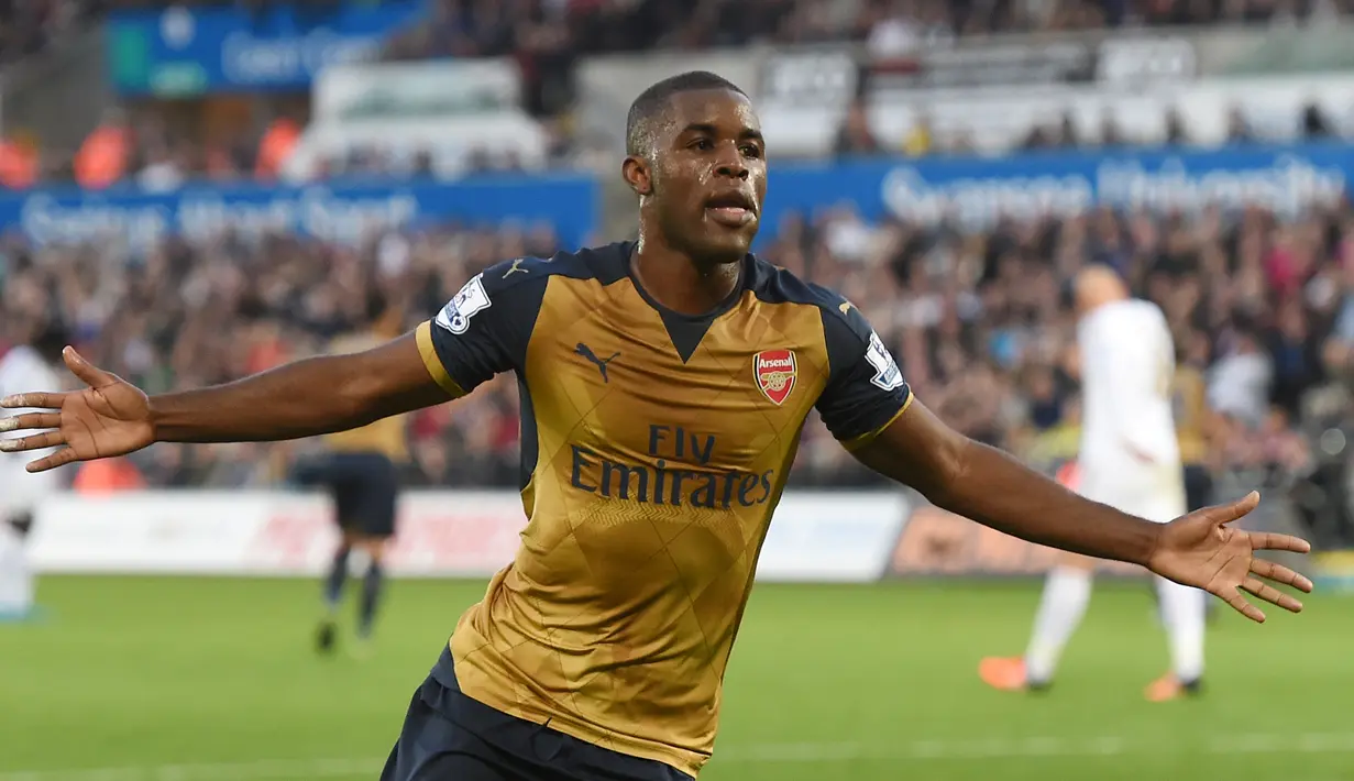 Ekspresi Joel Campbell setelah mencetak gol ke gawang Swansea City dalam lanjutan Liga Premier Inggris di Stadion Liberty, Sabtu (31/10/2015). (Action Images via Reuters/Alan Walter)