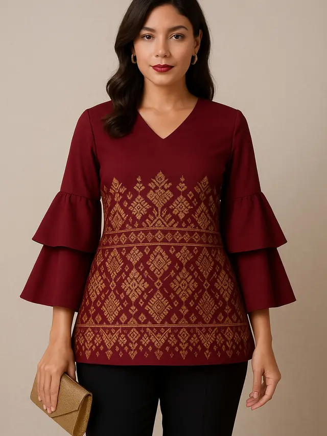 Model Batik Lengan Lonceng Dua Tingkat Kombinasi Polos dan Motif