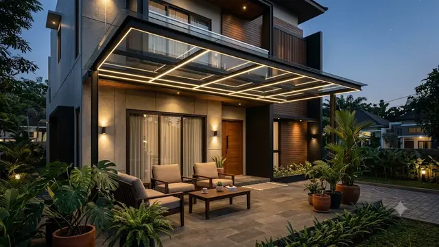Desain Kanopi Teras Minimalis dengan Rangka Hollow dan Atap Transparan