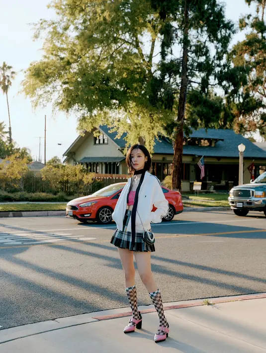 .Winter memadukan jaket nya mengenakan crop top pink Rp3 juta yang serasi dengan buckle heals mulesnya Rp14 juta dari Alexander McQueen. Dipadukan kaos kaki panjang kotak-kotak dan mini rok hitam putihnya.   (@aespa_official)