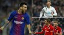 Berikut ini deretan pemain yang paling sering mencetak gol pada fase 16 besar Liga Champions sepanjang masa. Posisi teratas di tempati Lionel Messi yang unggul dua gol dari Cristiano Ronaldo. (Kolase foto-foto dari AFP)