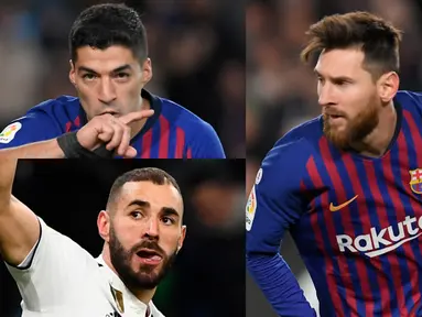 Tambahan dua gol ke gawang Valencia membuat Lionel Messi semakin menjauh dari kejaran para lawannya. Raihan 21 gol Messi berselisih tujuh gol Suarez yang berada di bawahnya. (Kolase Foto AFP)