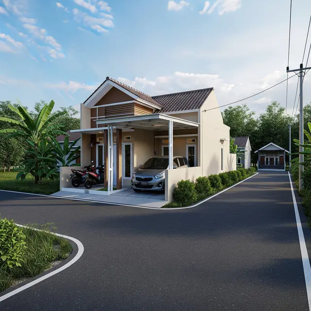 9 Inspirasi Rumah Tipe 36 Hook di Kampung dengan Carport Motor dan Mobil Kecil