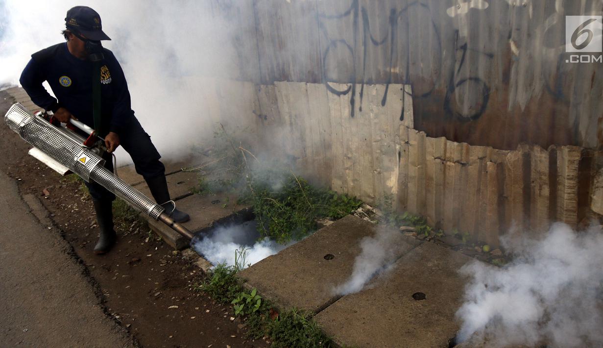 Petugas melakukan pengasapan (fogging) untuk memutus siklus hidup nyamuk aedes aegypti di Jalan Delima Raya, Jakarta Barat, Selasa (30/4/2019). Pengasapan itu untuk mencegah penyebaran wabah penyakit Demam Berdarah Dengue (DBD) saat musim hujan mulai terjadi di Jakarta. (Liputan6.com/Johan Tallo)