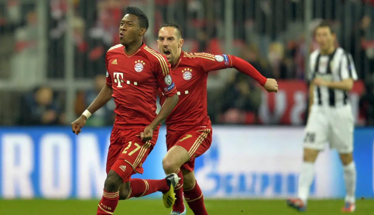 7. David Alaba. Bek Bayern Munich asal Austria ini mencetak gol saat laga memasuki detik ke 24,18 dalam partai leg pertama babak perempatfinal Liga Champions 2012/13 melawan Juventus di Allianz Arena (2/4/2013). Hasil akhir, Bayern Munich menang 2-0 atas Juventus. (AFP/Odd Andersen)