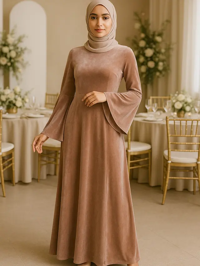 Long Dress Lengan Flare Bahan Velvet