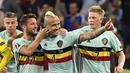 Pemain berdarah Indonesia, Radja Nainggolan, mencetak gol kemenangan Belgia atas Swedia, 1-0, pada laga terakhir Grup E Piala Eropa 2016 di Allianz Riviera, Nice, Kamis (23/6/2016) dini hari WIB. (AFP/Jonathan Nackstrand)