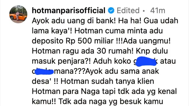Unggahan Hotman Paris. (Foto: Dok. Instagram @hotmanparisofficial)
