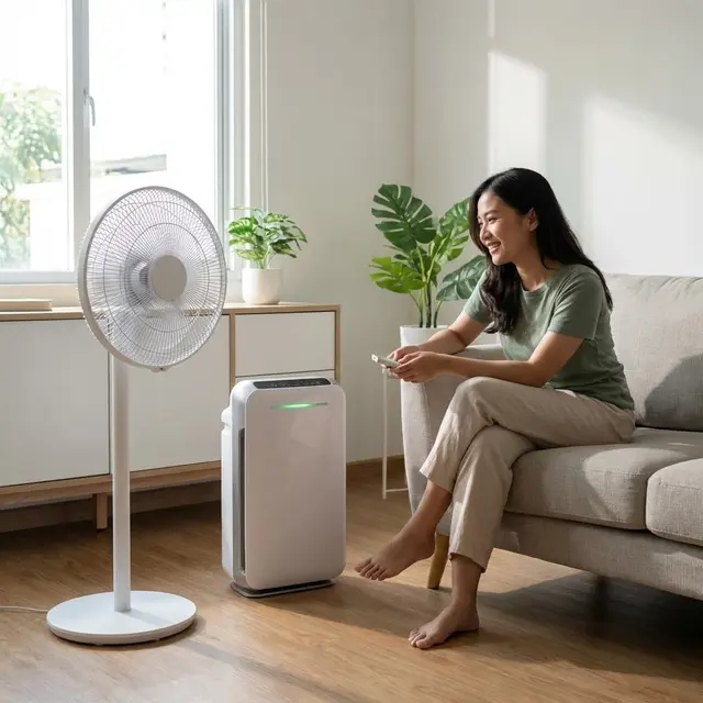 Mengurangi debu kipas angin dengan Pemasangan Filter Udara (Air Purifier) dekat kipas (Gemini AI)