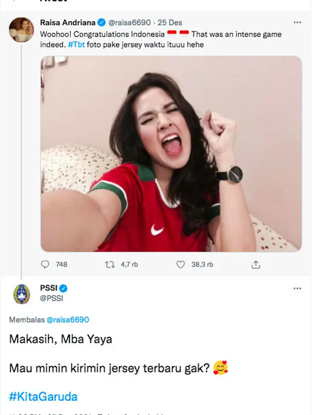 Raisa Dapat Jersey Timnas Indonesia Terbaru dari PSSI