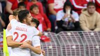 Pemain Spanyol Pablo Sarabia merayakan golnya ke gawang Swiss pada pertandingan sepak bola UEFA Nations League di Stadion Stade de Geneve, Jenewa, Swiss, 9 Juni 2022. Spanyol menang 1-0. (Laurent GillieronKeystone via AP)